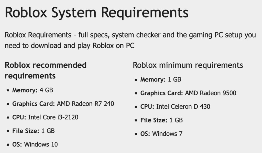 Roblox PC System requirements